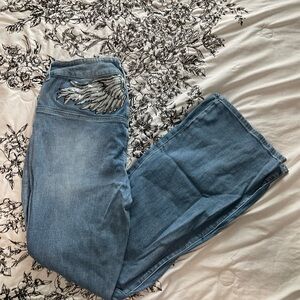 Fashion Nova Blue Flare Jeans with Wing Detail
